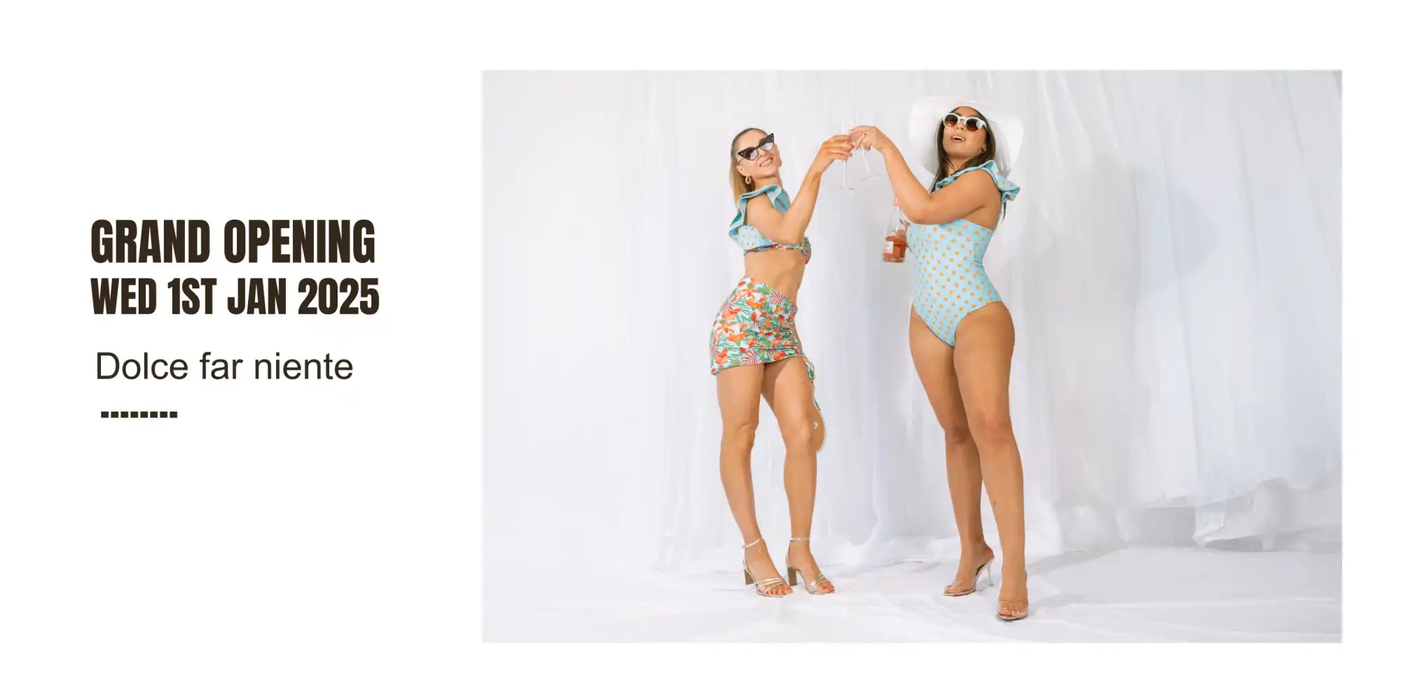 Advertisement for a grand opening event featuring two women in swimwear posing together.